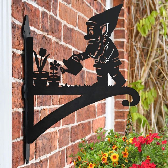 Garden Gnome Iron Hanging Basket Bracket on Brick Wall Garden Gnome Iron Hanging Basket Bracket on Brick Wall
