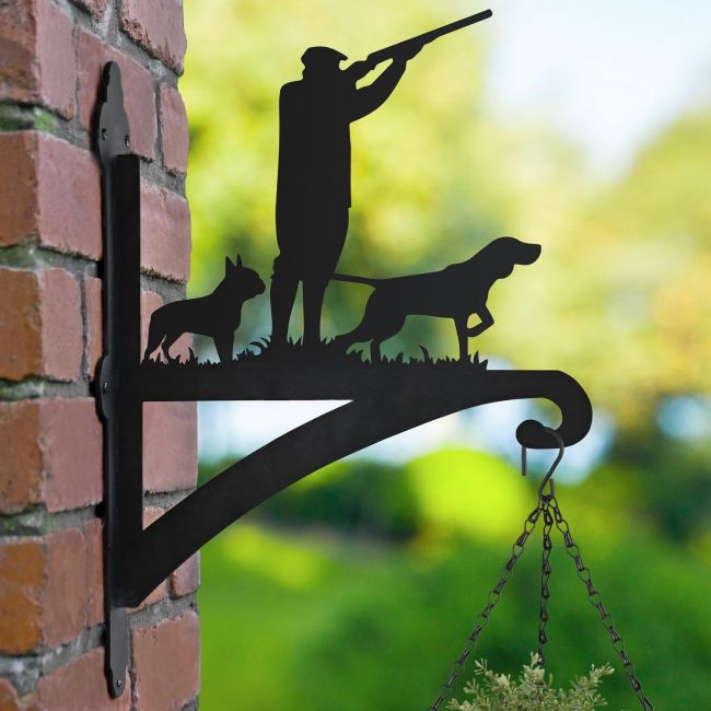 Game Season "Boston Terrier" Iron Hanging Basket Bracket in Garden Game Season "Boston Terrier" Iron Hanging Basket Bracket in Garden