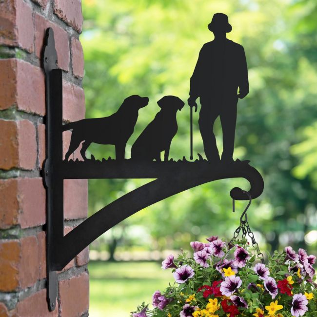 Man with Walking Stick and Two Labs Hanging Basket Bracket Man with Walking Stick and Two Labs Hanging Basket Bracket