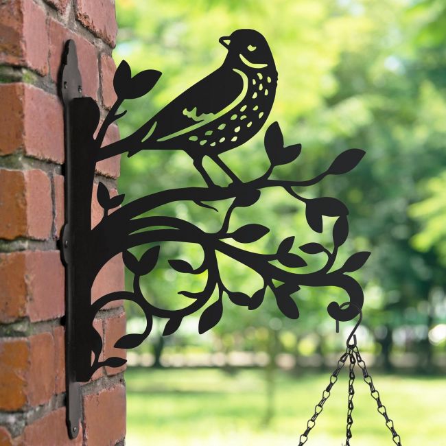 Iron Hanging Basket Bracket with Thrush & Branches in Garden Iron Hanging Basket Bracket with Thrush & Branches in Garden