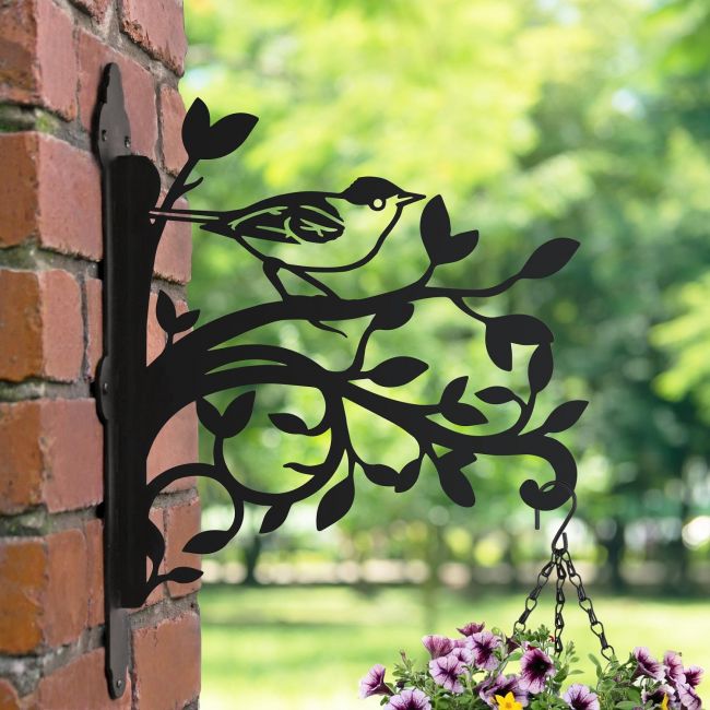 Black Cap Iron Hanging Basket Bracket Outside in Garden