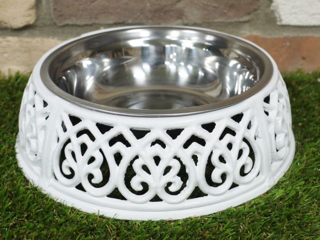 Antique White Dog Bowl Holder & Dish  Antique White Dog Bowl Holder & Dish