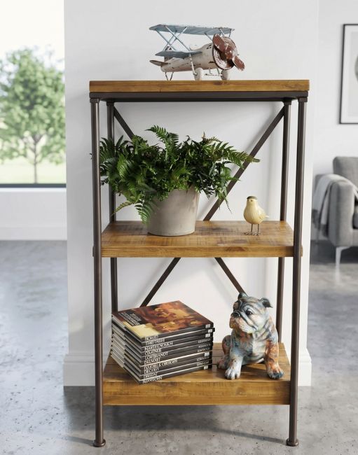 The Floor Standing Industrial Shelving Unit in a White Modern Living Room with Ornaments and a Plant on Display - Digital Illustration