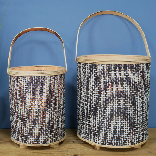 Set of Two Rattan & Wood Lanterns  Set of Two Rattan & Wood Lanterns