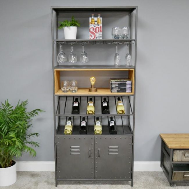 Metal & Fir Wood Industrial Wine Cabinet  Metal & Fir Wood Industrial Wine Cabinet