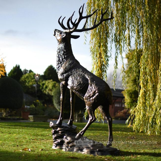 Beautiful Highland stag Sculpture in estate garden Beautiful Highland stag Sculpture in estate garden