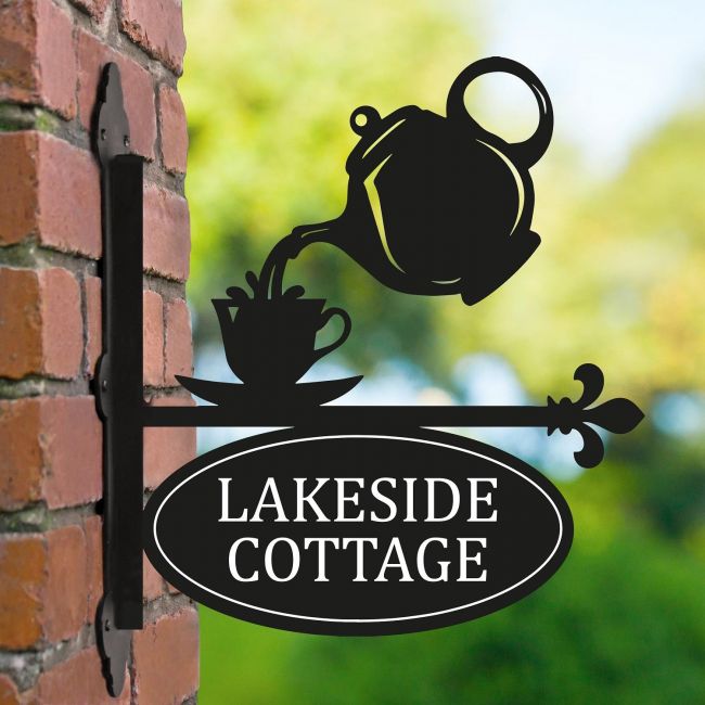 Teapot & Cup Iron Bracketed House Name Sign 