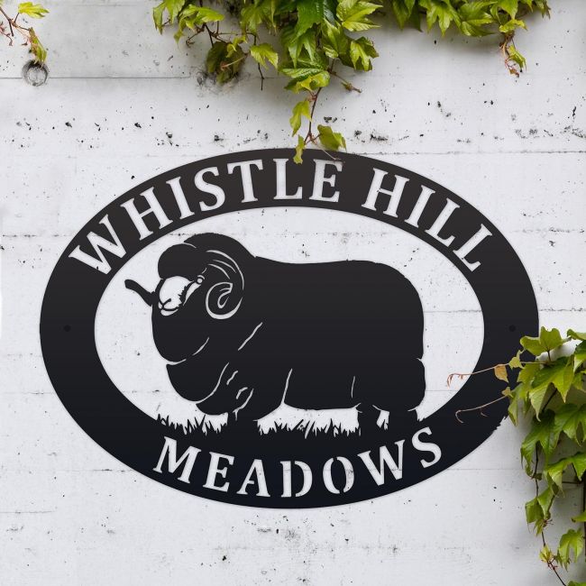 Merino Sheep Iron Oval House Sign in Use Outdoors