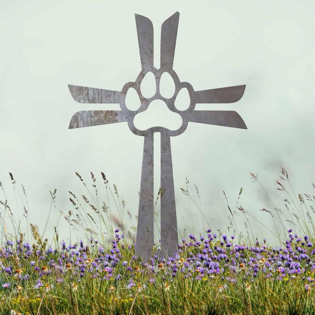 Contemporary Paw Print on Cross Grave Marker Ground Spike in Natural Steel Finish Contemporary Paw Print on Cross Grave Marker Ground Spike in Natural Steel Finish