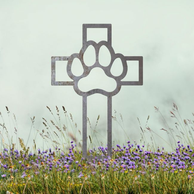 Paw Print on Cross Grave Marker Ground Spike in Natural Steel Finish Paw Print on Cross Grave Marker Ground Spike in Natural Steel Finish