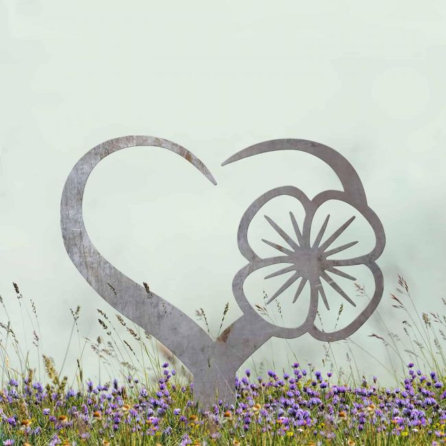 Poppy on Love Heart Grave Marker Ground Spike in Natural Steel Finish Poppy on Love Heart Grave Marker Ground Spike in Natural Steel Finish