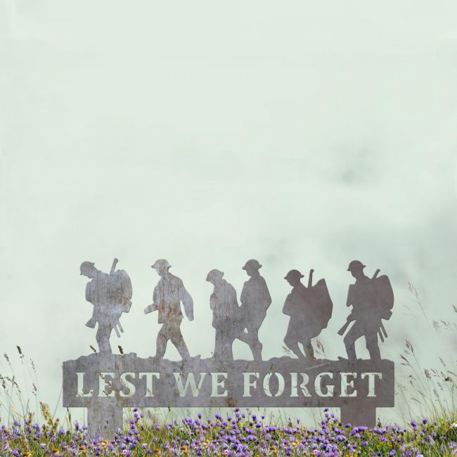 Walking Soldiers "Lest We Forget" Memorial Ground Spike in Natural Steel Finish Walking Soldiers "Lest We Forget" Memorial Ground Spike in Natural Steel Finish