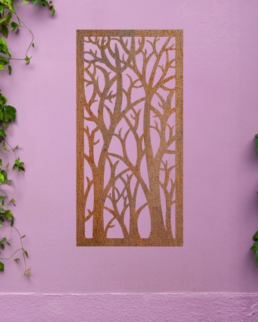 "Rustic Autumnal Trees Garden Wall Art" on purple wall