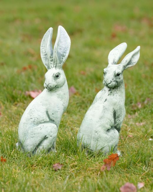 Verdant Watchers Pair of Sitting Rabbit Garden Sculpture Cast Aluminium pair sat on lawn
