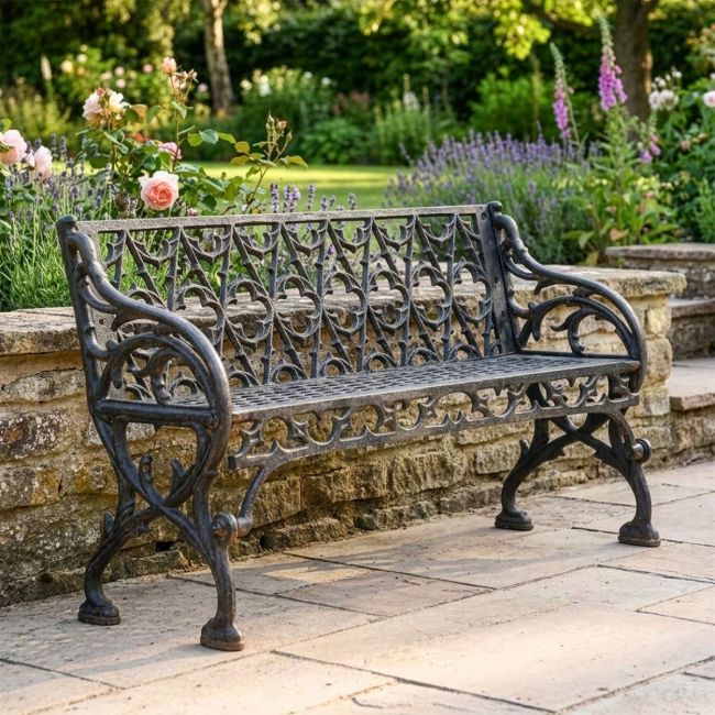 Victorian Cast Iron Two Seat Bench in an Aged Black Finish Digital Illustration