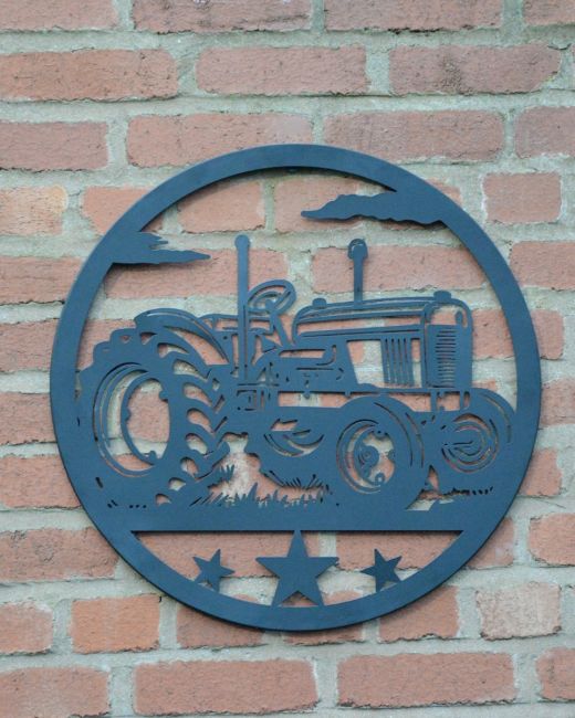 Vintage Fender Tractor Silhouette Garden Wall Art mounted on brick wall