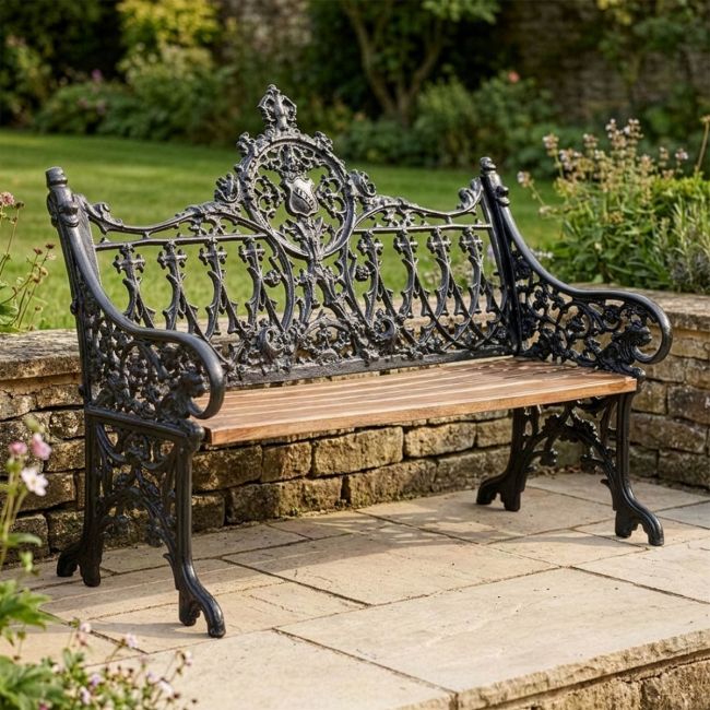 Vintage Victorian Cast Iron & Wood Bench in Black Digital Illustration
