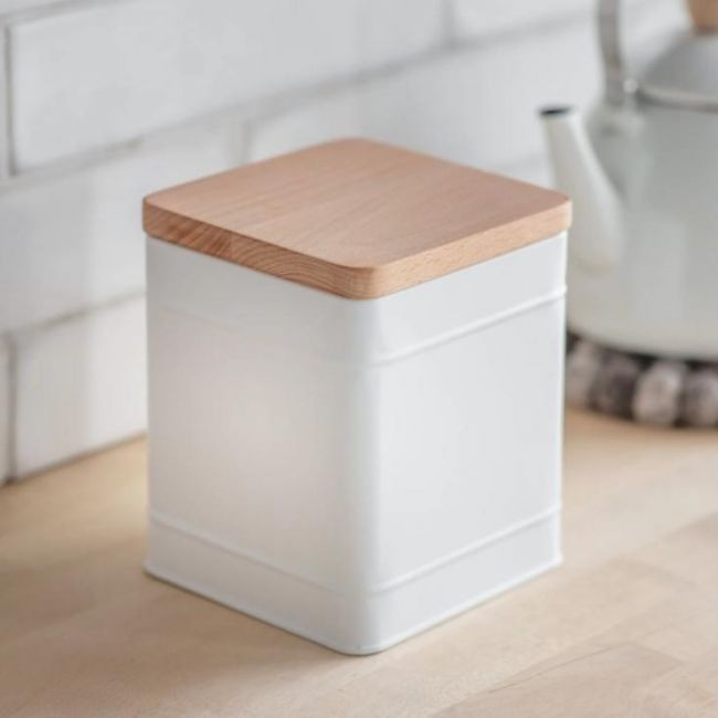 Large White Storage Canister with Beech Wood Lid