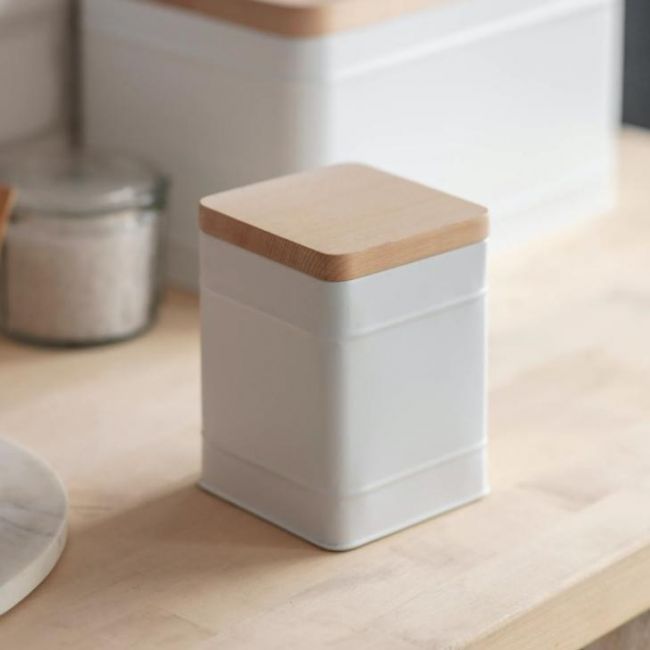 Small White Canister with Beech Wood Lid