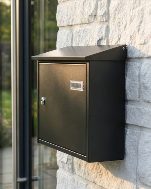 Wide Steel Black Wall Mounted Post Box with Lock & Reflector Plate digital illustration