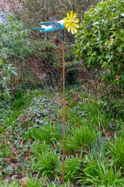Vintage Airplane Wind Spinner Stakes in Blue and Yellow