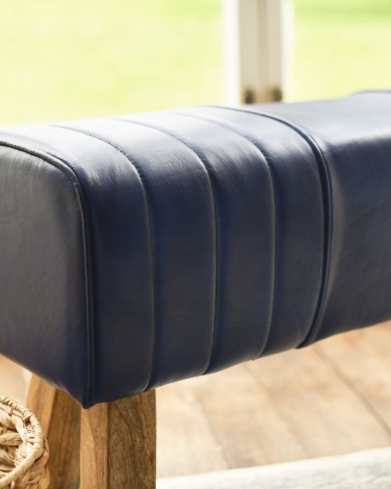 The "Cerulean" Blue Leather & Mango Wood Bench | Black Country Metalworks