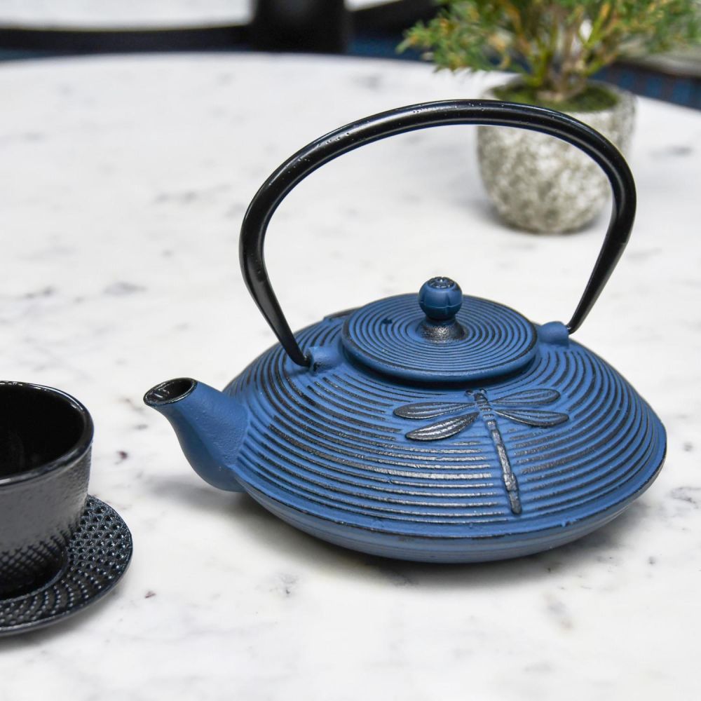 Dark Blue 'Dragonfly' Cast Iron Japanese Teapot Black Country Metalworks