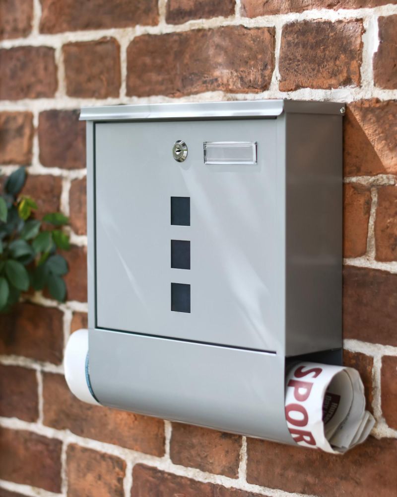 Galvanised Steel Silver Wall Mounted Post Box with Lock & Newspaper ...