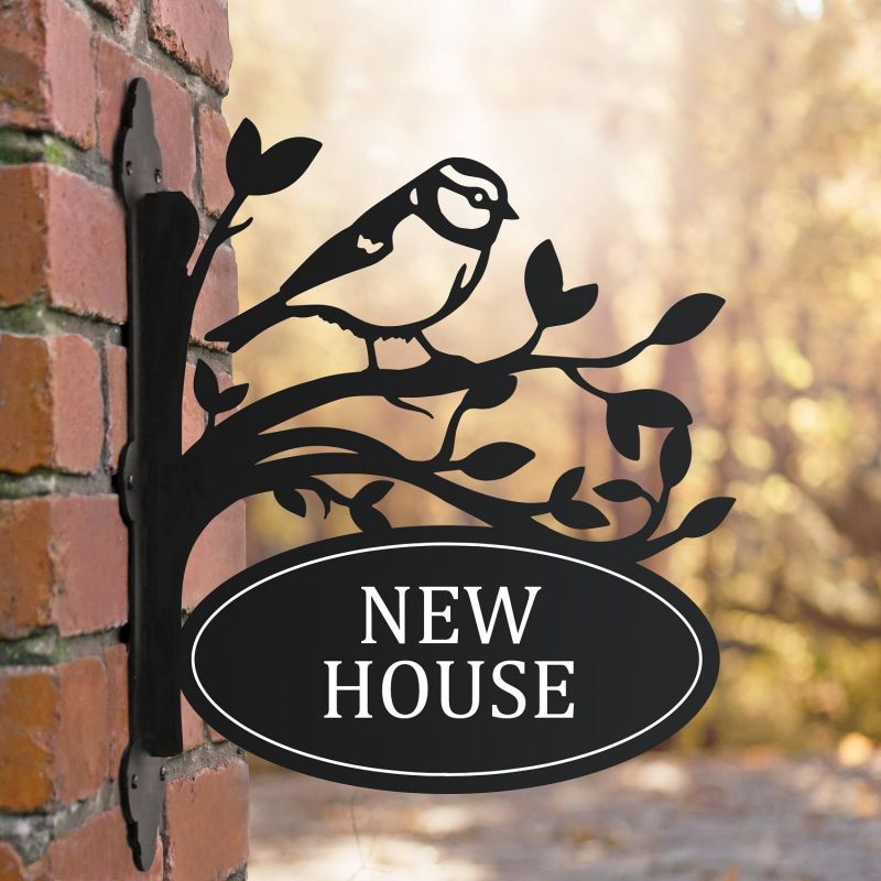 "Kizer Cottage" Blue Tit Steel Bracket House Name Sign | Black Country Metalworks
