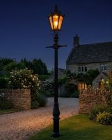"Concordia" Lamp Post & Hexagonal Lantern Finished in Black digital illustration at night