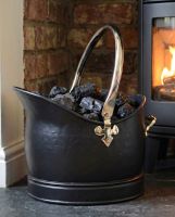 The Large "Hinswick" Victorian Black Iron and Nickel Coal Bucket in a Cream Living Room with a Lit Fireplace in the Background - Digital Illustration The Large "Hinswick" Victorian Black Iron and Nickel Coal Bucket in a Cream Living Room with a Lit Fireplace in the Background - Digital Illustration