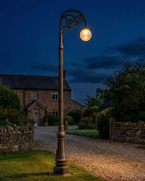 "Lady Athena" Deluxe Antique Gold Ornate Cast Iron Globe Lamp Post 3m digital illustration at night