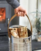 Scale Shot of "Mckinley Lodge" Angled Stainless Log and Coal Hod in Use Scale Shot of "Mckinley Lodge" Angled Stainless Log and Coal Hod in Use