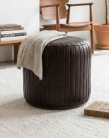"The Coll" Brown Leather Round Pouffe in a Living Room with a Grey Blanket on top - Digital Illustration "The Coll" Brown Leather Round Pouffe in a Living Room with a Grey Blanket on top - Digital Illustration