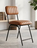 "The Farleigh" Iron & Dark Tan Leather Dining Chair on a Stone Tiled Floor in a Modern Living Room - Digital Illustration "The Farleigh" Iron & Dark Tan Leather Dining Chair on a Stone Tiled Floor in a Modern Living Room - Digital Illustration