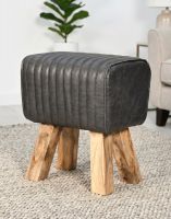 "The Orton" Mango Wood & Charcoal Leather Stool on a Cream Coloured Rug in a Modern Living Room - Digital Illustration