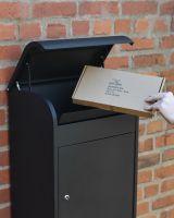"Titan" Medium Wall Mounted Parcel box in Black Steel with open lid and parcel
