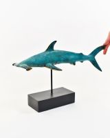 "Abyssal Anchor" Cast Brass Hammerhead Shark Sculpture with hand in shot for scale