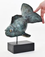"Abyssal Aureate" Cast Brass Fantail Goldfish Sculpture with hand in shot for scale