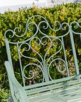 "Belvedere" Garden Rocking Bench Wrought Iron - Sage backrest design scrollwork "Belvedere" Garden Rocking Bench Wrought Iron - Sage backrest design scrollwork