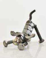 "Bolt" Stretching Puppy UpCycled Home Ornament angled view of ornament
