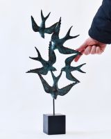 "Celestial Migration" Cast Brass Bird Sculpture with hand in shot for scale