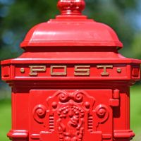 Gold Lettering on the Front of the “Cherrywood Blush” Deluxe Red Camden Free Standing Post Box Gold Lettering on the Front of the “Cherrywood Blush” Deluxe Red Camden Free Standing Post Box