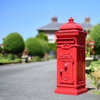 “Cherrywood Blush” Deluxe Red Camden Free Standing Post Box in USe Outdoors “Cherrywood Blush” Deluxe Red Camden Free Standing Post Box in USe Outdoors