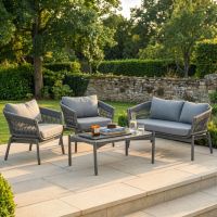 "Corda Grigio" Woven Rope Anthracite Grey Garden Lounge Furniture Set Digital Illustration Dressed Table "Corda Grigio" Woven Rope Anthracite Grey Garden Lounge Furniture Set Digital Illustration Dressed Table