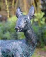 "Elowen" the Cast Aluminium Fawn Garden Sculpture in a Verdigris Finish with a Close up of the Head