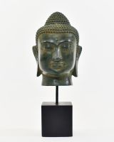 "Emerald Serenity" Buddha Head Ornament in Cast Brass - Rich Verdigris front view