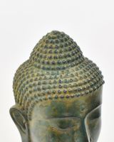 "Emerald Serenity" Buddha Head Ornament in Cast Brass - Rich Verdigris top view