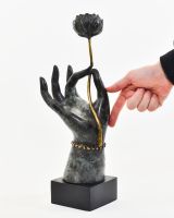 "Floral Offering" Hand Sculpture in Cast Brass with hand in shot for scale