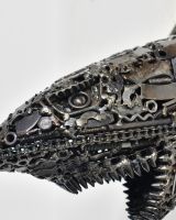 ‘Gears of the Deep" Upcycled Metal Wall Mounted Shark Bust close up of eye